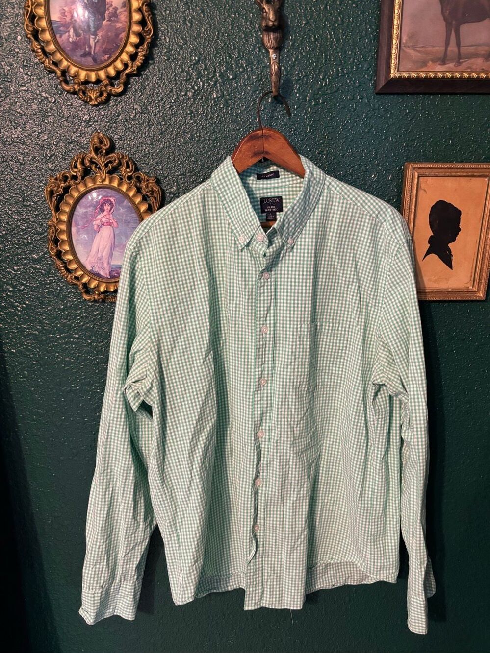 J. crew Flex Wash Men’s Green White Gingham Button Down Shirt Large